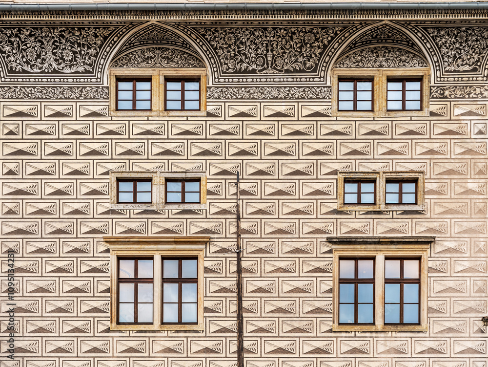 Fototapeta premium Detail of the facade with sgraffito of Schwarzenberg Palace or Lobkovice Palace, Renaissance palace on Hradcany Square, house of an exhibition of the National Gallery, Prague, Czechia