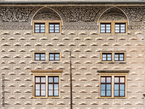 Detail of the facade with sgraffito of Schwarzenberg Palace or Lobkovice Palace, Renaissance palace on Hradcany Square, house of an exhibition of the National Gallery, Prague, Czechia photo