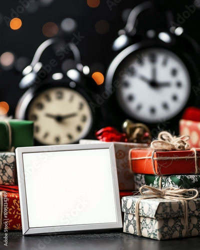 a blank white poster frame nestled against a stack of retro-styled New Year presents. The gifts are wrapped in old-fashioned papers with vintage patterns and tied with twine or lace photo