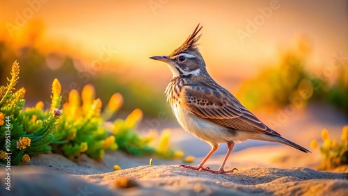 Tilt-Shift Photography of a Crested Lark Walking on a Desert Landscape in Riffa, Bahrain, Showcasing Unique Flora and Fauna in a Miniature Style photo