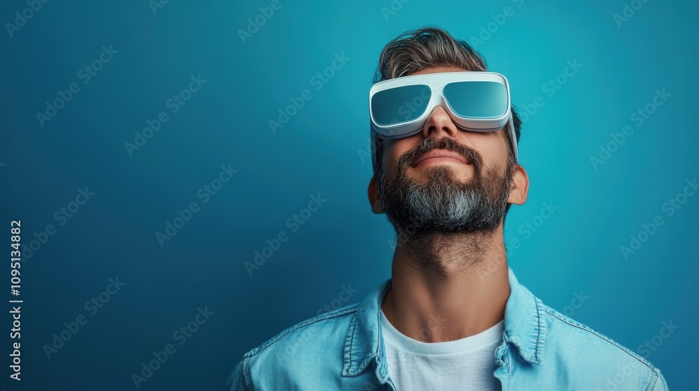 Obraz premium Young man with a beard wearing futuristic sunglasses while looking up against a vibrant blue background, showcasing an imaginative exploration of technology and style.
