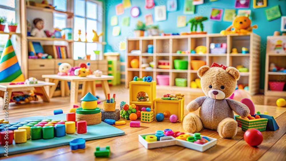 Obraz premium Tilt-Shift Photography of Colorful Educational Toys for Childcare Settings, Fostering Imagination and Playful Learning in Bright, Inviting Environments