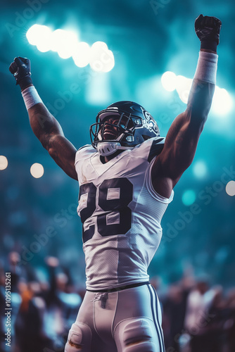 An American Football player celebrating victory under stadium lights