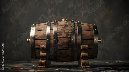 Wooden barrel with black metal bands and brass accents on a dark textured background. photo