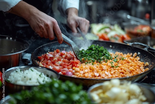 The image shows a close-up of the chef's hands skillfully working to prepare delicious food, demonstrating professionalism and skill.