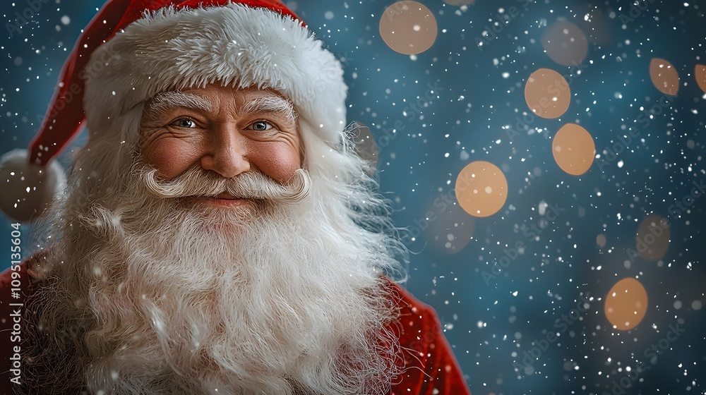 Cheerful Santa Claus smiling warmly at a snowy winter celebration. Generative AI. Cheerful Santa Claus smiling warmly at a snowy winter celebration. Generative AI.