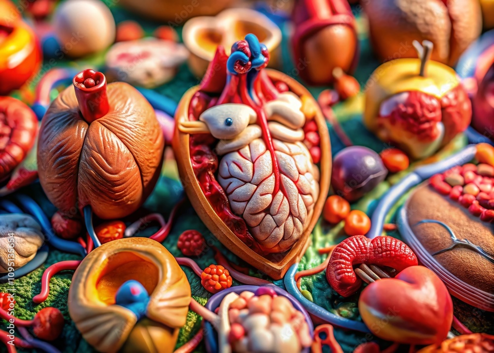 Tilt-Shift Photography of Human Organ Anatomy with Detailed Visualization of Heart, Lungs, Liver, Kidneys, and Brain in a Miniature Style for Educational Purposes Tilt-Shift Photography of Human Organ Anatomy with Detailed Visualization of Heart, Lungs, Liver, Kidneys, and Brain in a Miniature Style for Educational Purposes