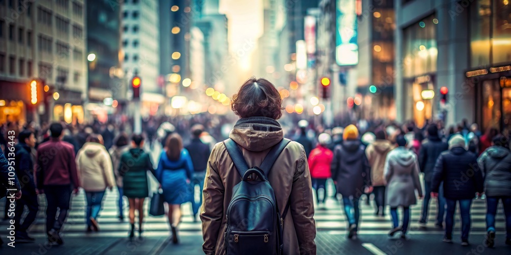 A Lone Figure Amidst the Blur of City Life A Backpacker's Journey Through a Crowded Crosswalk A Lone Figure Amidst the Blur of City Life A Backpacker's Journey Through a Crowded Crosswalk