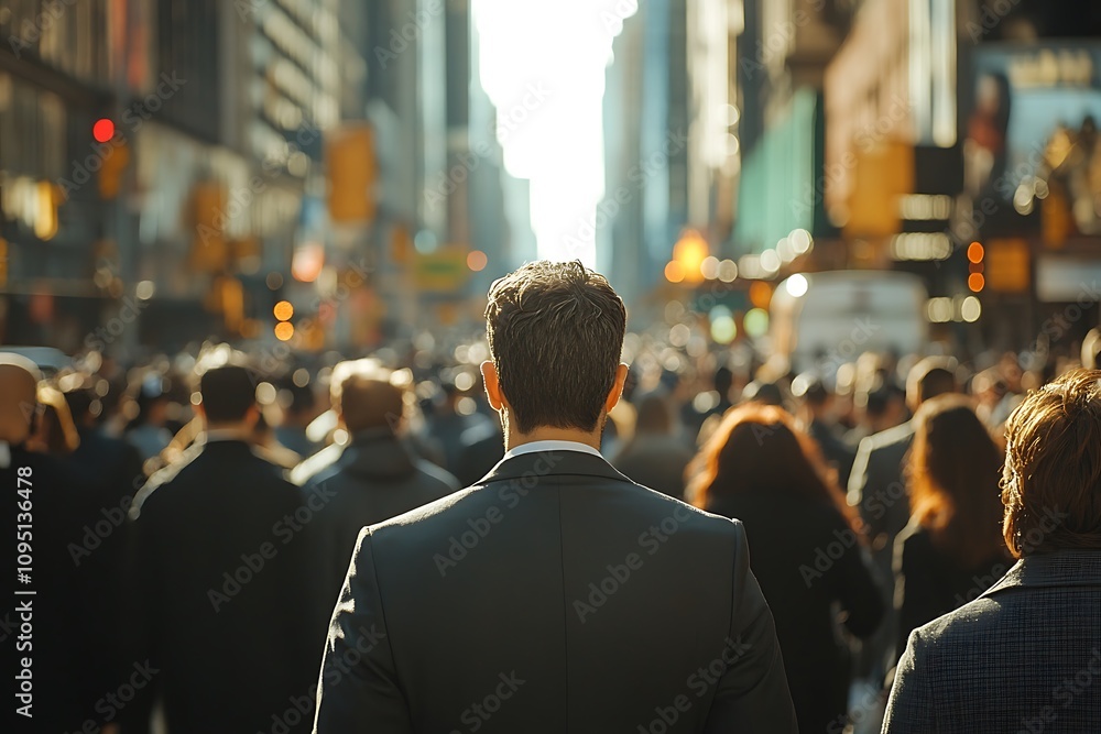 Male Office Worker Walking in Sunlight, Urban Crowd, Depth of Field Male Office Worker Walking in Sunlight, Urban Crowd, Depth of Field