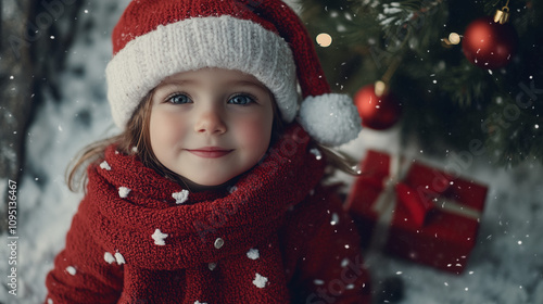 Smiling child in a Santa hat and red scarf, enjoying a snowy Christmas scene with a decorated tree and wrapped gifts.