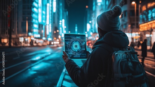 Future Time Traveler - Explorer with Hologram Clock in Urban Night Scene