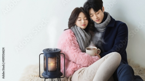 an Asian couple wrapped in cozy winter outfits, sitting close together on a plush rug by a vintage heater.  photo