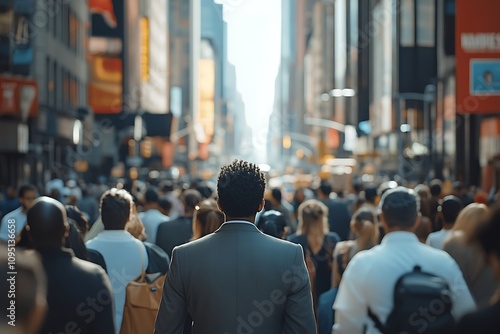 Man Commuting Sunlit Metropolitan Street Scene