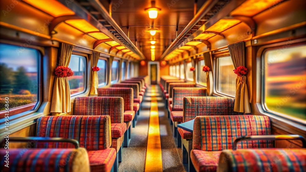 Train Interior Perspective: A Tilt-Shift Photography Exploration of a Cozy Train Cabin with Details of Furniture, Windows, and Ambient Lighting Creating a Miniature World Effect Train Interior Perspective: A Tilt-Shift Photography Exploration of a Cozy Train Cabin with Details of Furniture, Windows, and Ambient Lighting Creating a Miniature World Effect