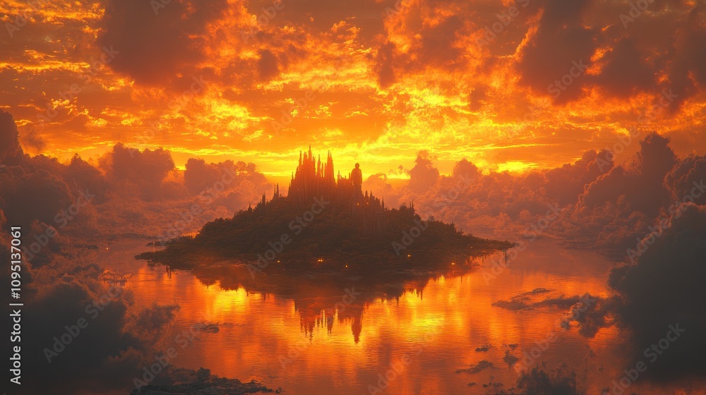 Fototapeta premium A mystical island castle at sunset, reflecting vibrant colors on calm waters.