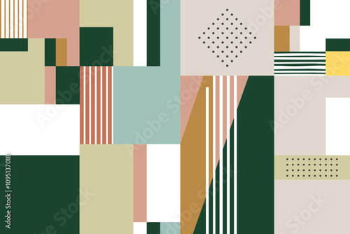 Creative abstract geometric background. Seamless modern collage pattern. Natural earthy pastels and rich tones. Fashionable design for textile, wallpaper, template, cover.