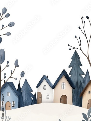 a winter village scene. Cartoonish houses, pine trees, and lampposts are nestled in snowdrifts,  photo