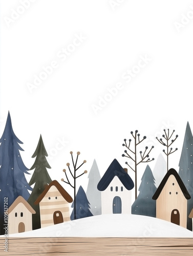 a winter village scene. Cartoonish houses, pine trees, and lampposts are nestled in snowdrifts,  photo