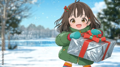 a girl with shoulder-length brown hair adorned with festive clips, She is delightfully hugging a gigantic present box wrapped in shiny silver paper with a bright red ribbon. photo