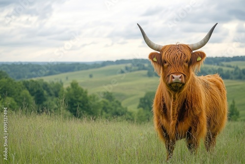 Highland Cow Standing In A Green Pasture