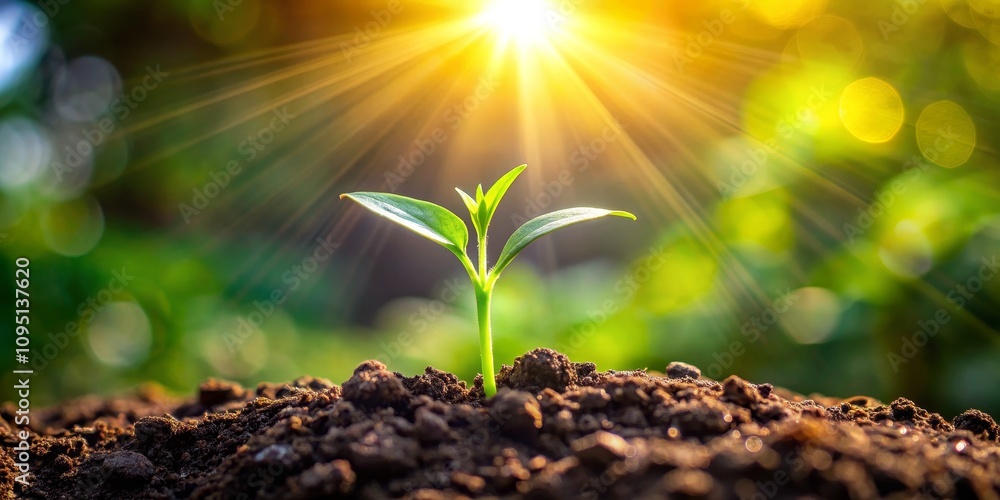 A Tiny Sprout Reaching for the Sun's Rays in a Lush, Green Forest A Tiny Sprout Reaching for the Sun's Rays in a Lush, Green Forest