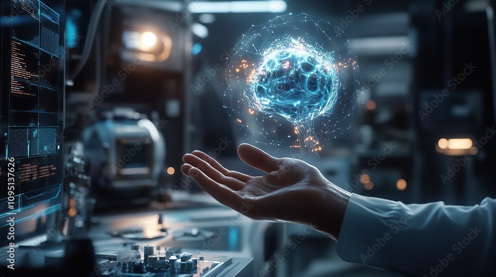 A futuristic hand interacting with a holographic representation of a molecule. A futuristic hand interacting with a holographic representation of a molecule.