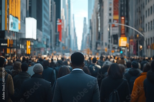 Man in Gray Suit, Rush Hour Cityscape, Dense Crowd