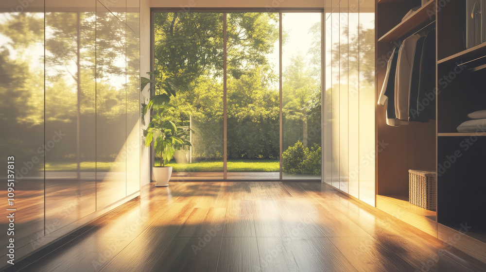 Interior view of a modern home corridor featuring a window wall that allows natural light to illuminate the space. Interior view of a modern home corridor featuring a window wall that allows natural light to illuminate the space.