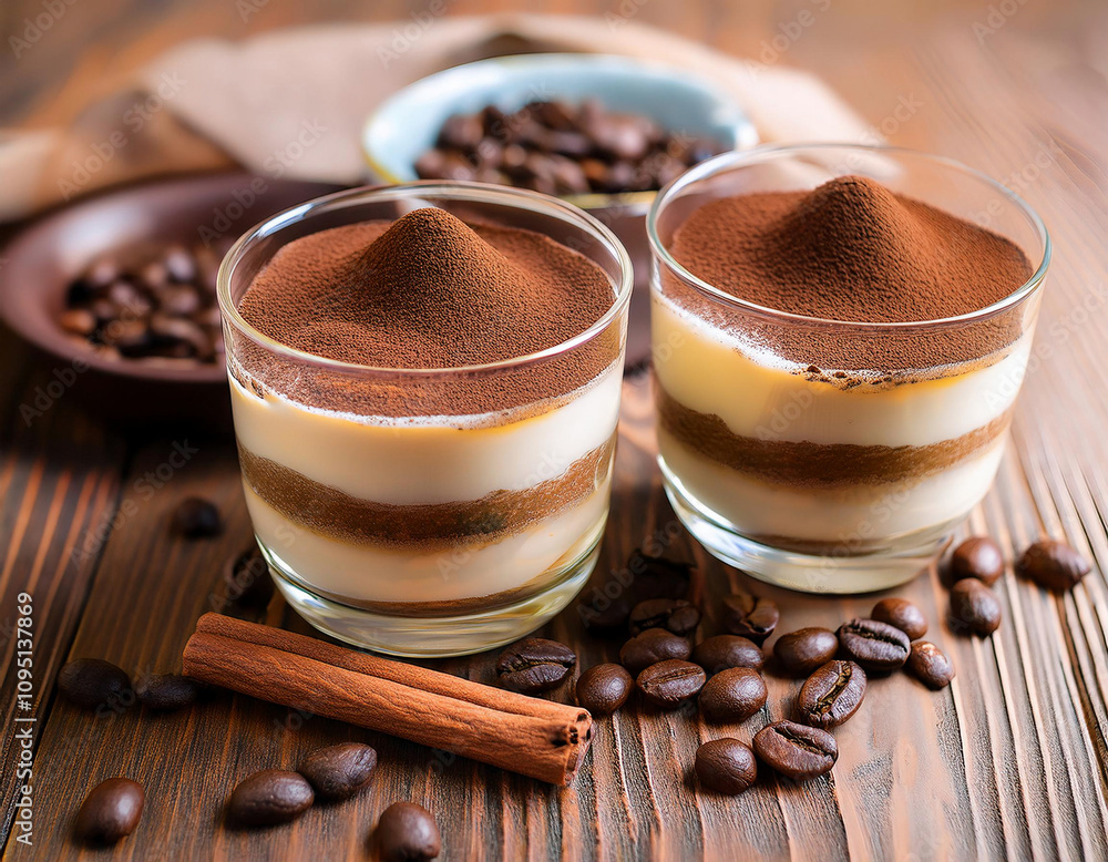 Delicious tiramisu desserts served in individual glass cups, garnished with cocoa powder and surrounded by coffee beans and cinnamon sticks on a wooden board. Delicious tiramisu desserts served in individual glass cups, garnished with cocoa powder and surrounded by coffee beans and cinnamon sticks on a wooden board.