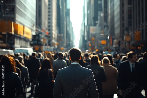 Man in Gray Suit, Sunlit City Street Crowd