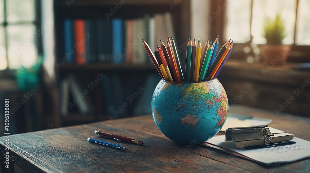 A colorful pencil holder atop a desk with books and stationery in a cozy setting. A colorful pencil holder atop a desk with books and stationery in a cozy setting.