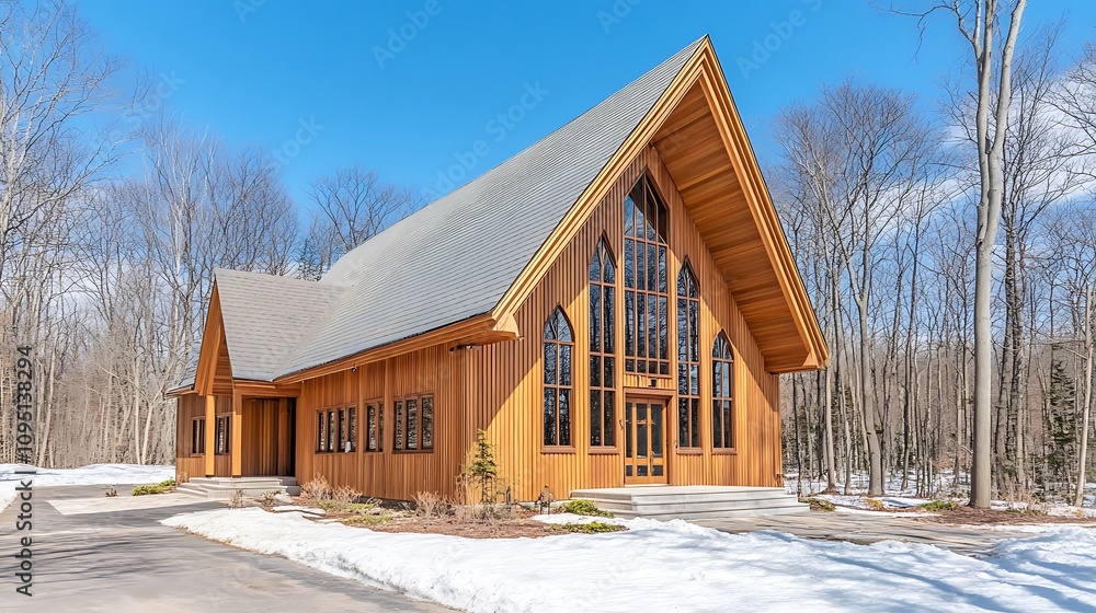 Wooden Chapel with Large Windows in a Snowy Forest Setting Wooden Chapel with Large Windows in a Snowy Forest Setting