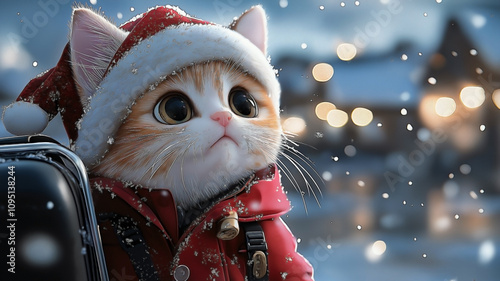 a cute 3-color cat wearing a festive red Christmas coat with white fur trim and a tiny hat, standing beside a small piece of rolling luggage.  photo