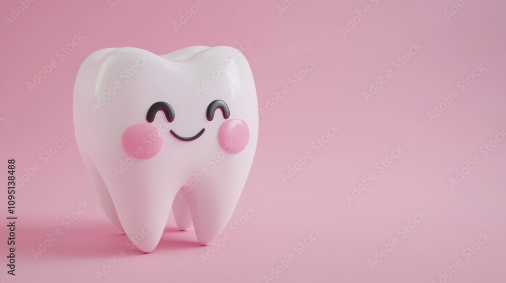 Cute Cartoon Tooth Character with Smile and Cheeks on Soft Pink Background Ideal for Dental Health Promotion, Children's Education, or Kid-Friendly Content Cute Cartoon Tooth Character with Smile and Cheeks on Soft Pink Background Ideal for Dental Health Promotion, Children's Education, or Kid-Friendly Content