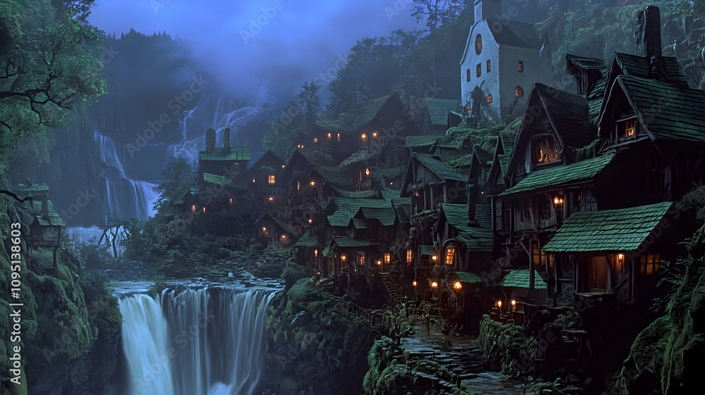 Obraz premium Elven village on the edge of waterfalls and mountains in forested hills at twilight, with many cozy wooden buildings and green roofs and glowing windows