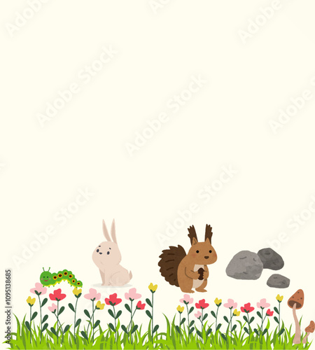 Peaceful Garden Retreat and Happy day in the park with rabbit,quirrel, rocks,colorful flowers,green grass,natural landscape.