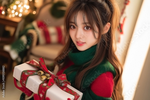 A young Asian female wearing a festive red and green costume with a wool scarf. She holds a beautifully wrapped present with both hands photo