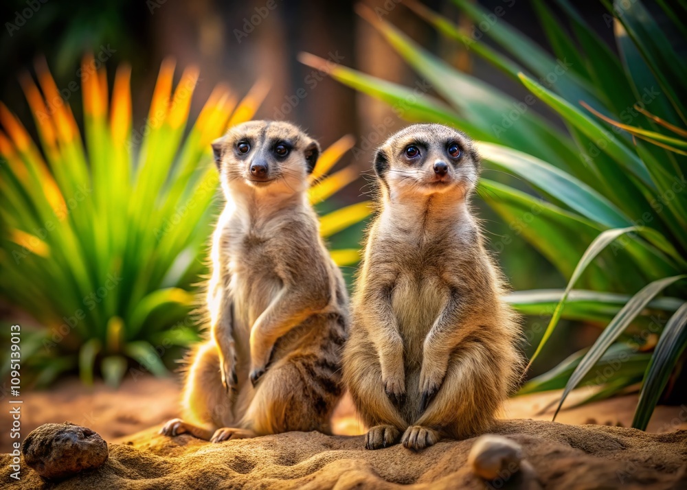 Fototapeta premium Two Meerkats Sitting on the Sand in a Zoo - Captivating Long Exposure Wildlife Scene from Nature Showcasing the Playful Behavior of These Charming Animals