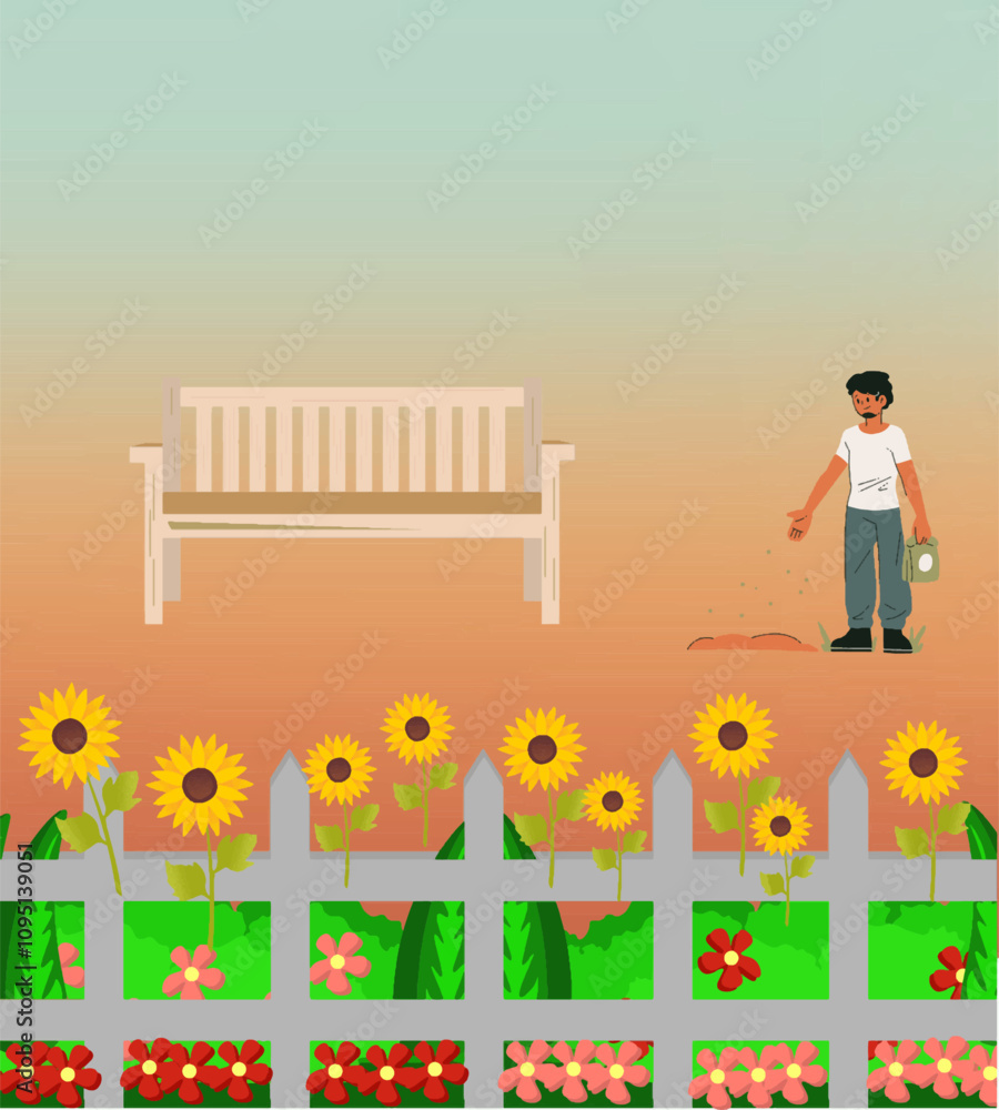 Fototapeta premium Sunflower Garden Retreat with a wooden bench overlooking a lush garden filled with vibrant sunflowers. A person is standing in the foreground, tending to the flowers. The warm, golden sunset colors