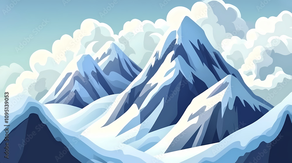 Fototapeta premium Snow-covered mountain peaks with a cloudy sky. Shadowed Mountain Peaks. Illustration