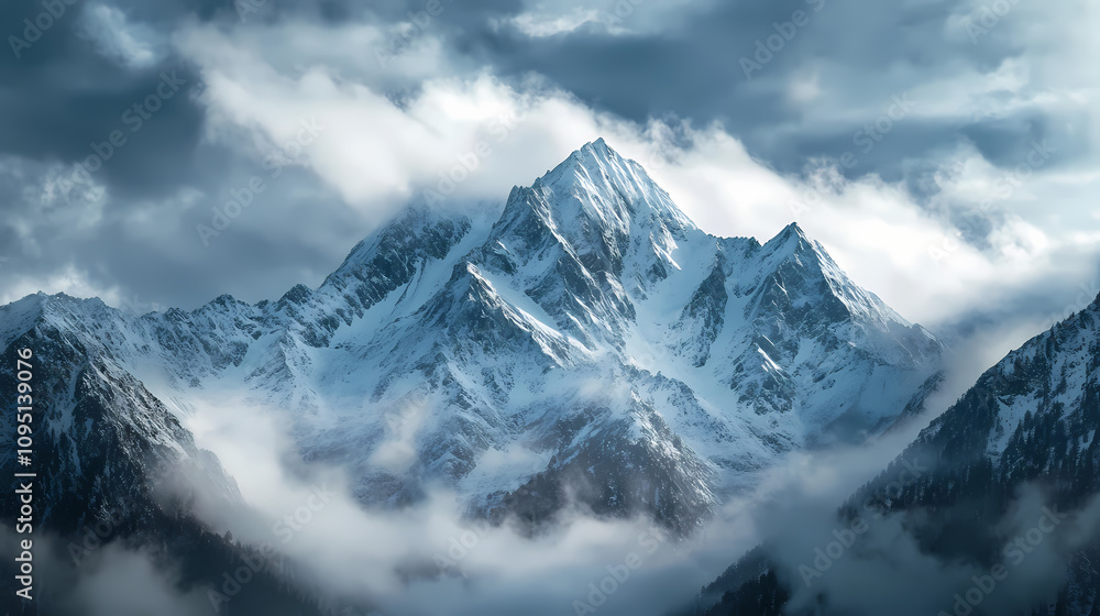 Snow-covered mountain peaks with a cloudy sky. Shadowed Mountain Peaks. Illustration Snow-covered mountain peaks with a cloudy sky. Shadowed Mountain Peaks. Illustration