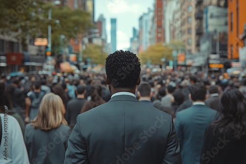 Man in Suit, Back View, Dense City Crowd, Rush Hour