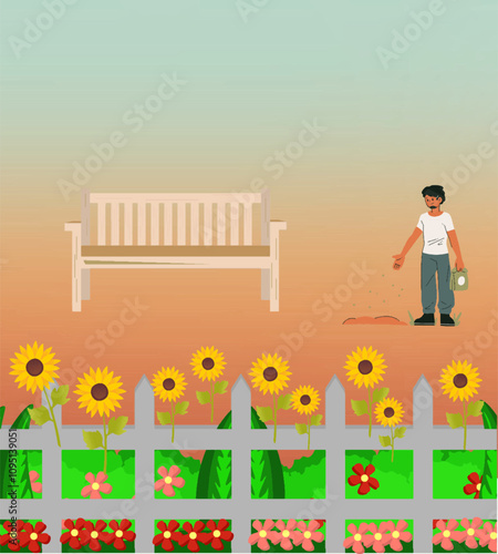 "Sunflower Garden Retreat with a wooden bench overlooking a lush garden filled with vibrant sunflowers. A person is standing in the foreground, tending to the flowers. The warm, golden sunset colors