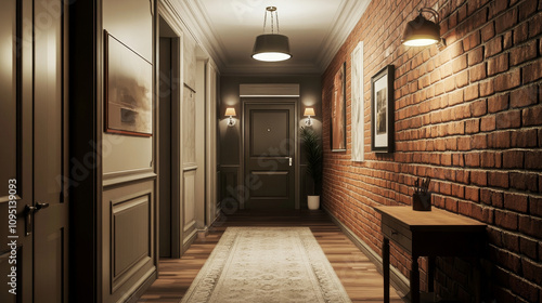 3D render of a modern classic hallway corridor in an old vintage apartment. The design combines exposed brick walls with elegant molding and classic fixtures