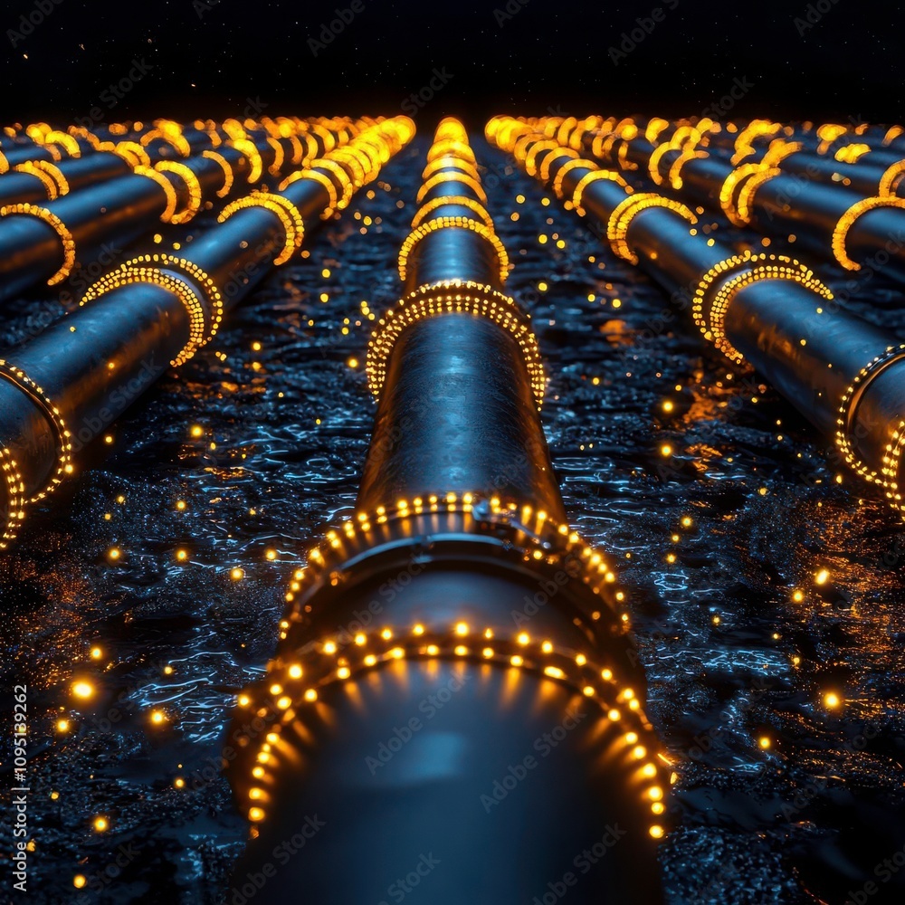 Fototapeta premium Energy stocks, oil and finance dynamics. Rows of glowing pipelines with vibrant orange lights, spanning across a dark, wet surface in a futuristic environment.