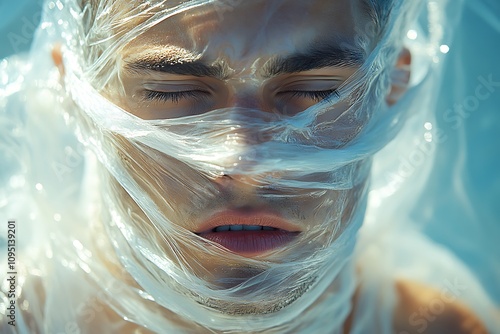 A man's face covered in plastic conveying the suffocating impact of pollution. photo