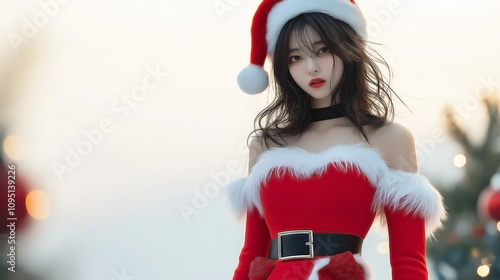 Asian woman dressed in a festive Christmas outfit--a bright red dress with white fur trim, She stands confidently in front of a blank white background with a subtle glow,  photo