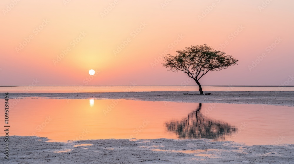 Serene Sunset Solitary Tree Silhouette Reflected in Calm Water Serene Sunset Solitary Tree Silhouette Reflected in Calm Water