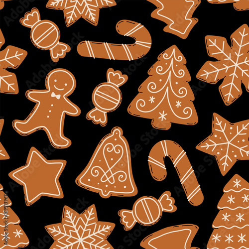 Christmas Gingerbread Cookies seamless pattern. Winter sweet homemade biscuits in different shapes.