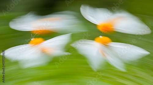 Four White Butterflies in Motion Blur with Green Background photo